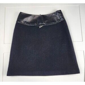 Lafayette 148 100% Wool & Leather Trim Skirt Black A-Line Minimalist Size 4